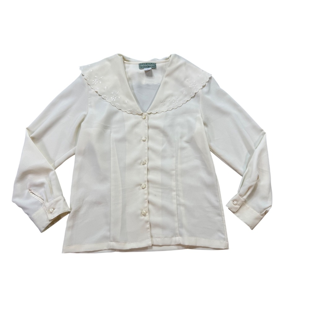 Point & Line Blouse Womens Medium Cream Excellent Embroidered Scallop Collar Top